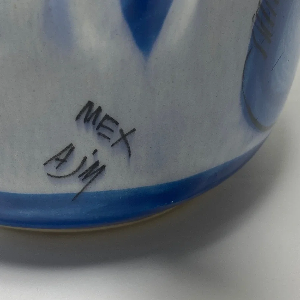 VTG Hand Painted Signed Tonala Mexican Folk Art Ceramic Pitcher Vase Blue Floral